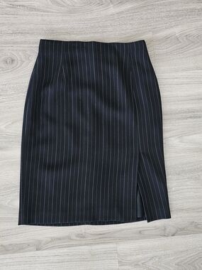 Black Pinstripe Pencil Skirt with Side Slit